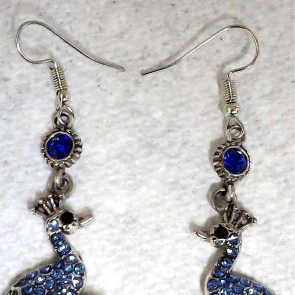 Peacock Earrings Dangle Blue Faux Rhinestone Silver Plating Metal 3.5" Length - Picture 2 of 9
